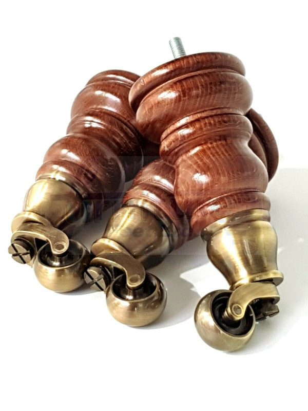 4x WOOD MAHOGANY BRASS CASTOR FURNITURE CHAIR LEGS M8(8mm) SOFA FEET 155mm HIGH - Image 5