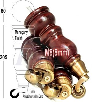 4x WOOD MAHOGANY BRASS CASTOR FURNITURE CHAIR LEGS M8(8mm) SOFA FEET 205mm HIGH