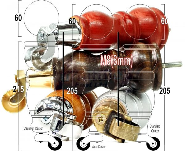 4x WOOD MAHOGANY BRASS CASTOR FURNITURE CHAIR LEGS M8(8mm) SOFA FEET 205mm HIGH - Image 12