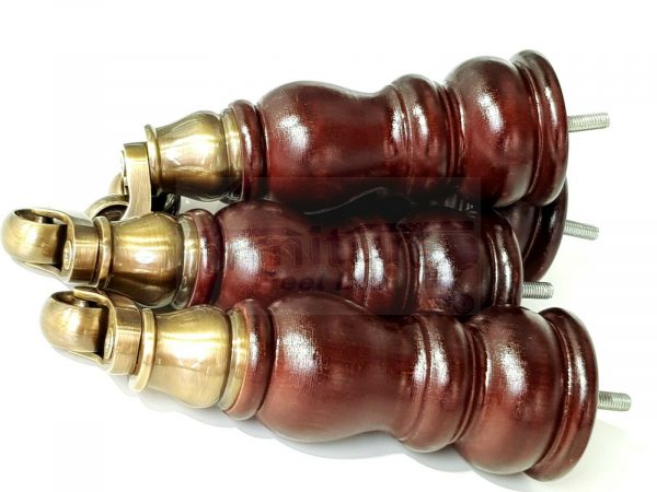 4x WOOD MAHOGANY BRASS CASTOR FURNITURE CHAIR LEGS M8(8mm) SOFA FEET 205mm HIGH - Image 4