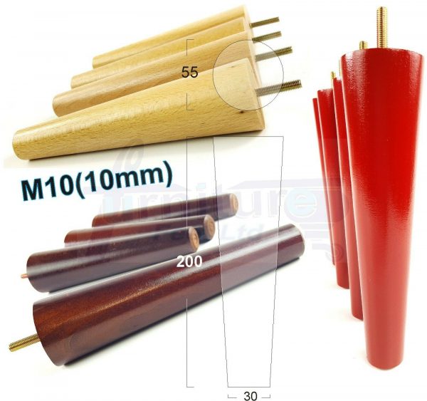 4x WOOD REPLACEMENT FURNITURE CHAIR LEG M10(10mm) TAPERED SETTEE FEET 200mm HIGH