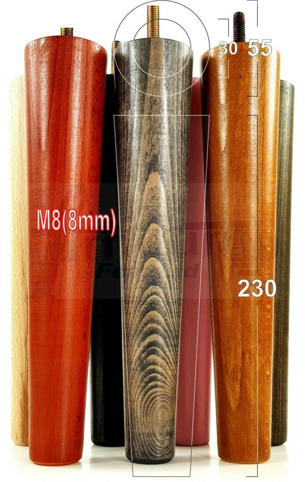 4x WOOD REPLACEMENT FURNITURE CHAIR LEGS M8(8mm) SOFA - SETTEE FEET 230mm HIGH