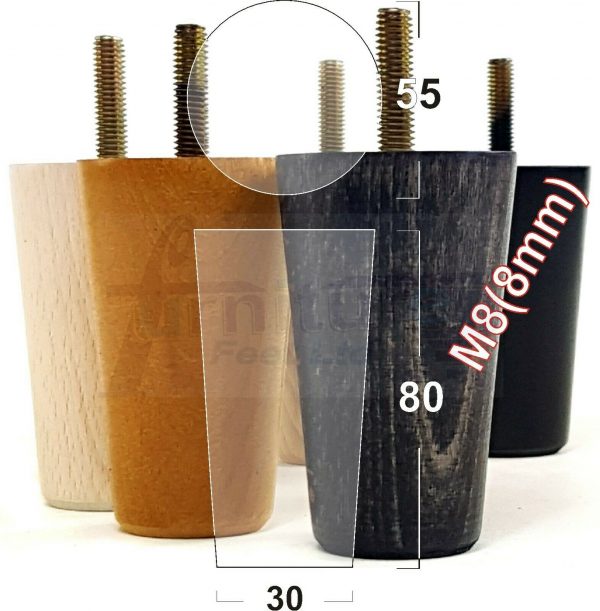 4x WOOD REPLACEMENT FURNITURE CHAIR LEGS M8(8mm) SOFA - SETTEE FEET 80mm HIGH