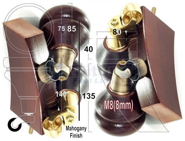 4x WOODEN FURNITURE LEGS M8 REPLACEMENT FEET 2 WITH CASTORS 150mm HIGH MAHOGANY