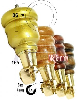 4x WOODEN FURNITURE LEGS M8(8mm) CHAIR REPLACEMENT BRASS CASTOR FEET 155mm HIGH