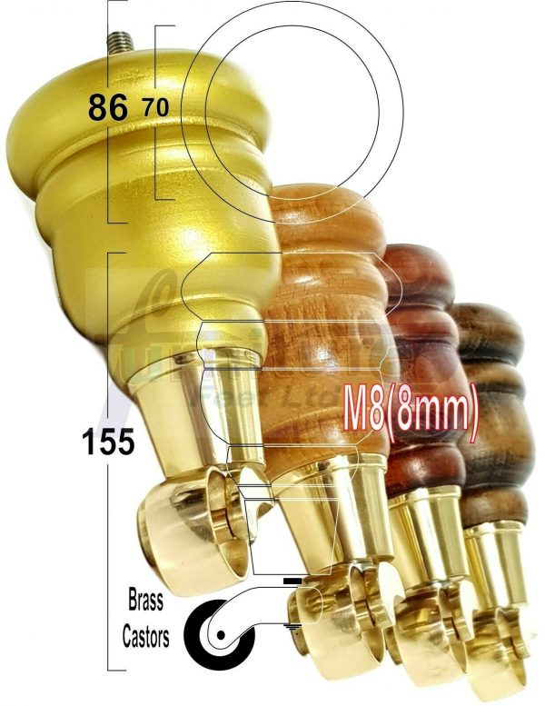 4x WOODEN FURNITURE LEGS M8(8mm) CHAIR REPLACEMENT BRASS CASTOR FEET 155mm HIGH