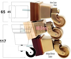 4x Wood Furniture Sofa Legs M8 Replacement Chair, Settee Feet & Castors 117mm
