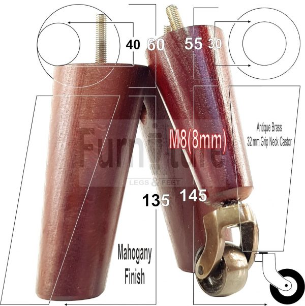 4x Wooden Chair Legs 2x With Castors M8 Replacement Settee Furniture Feet 145mm