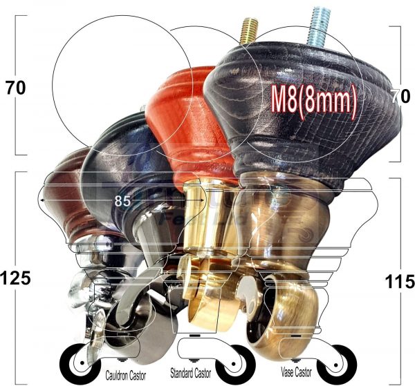4x Wooden Furniture Sofa Legs M8 Castor Replacment Chair Settee Feet 125mm High - Image 10