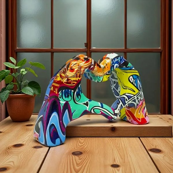 Colourful Graffiti Heart Hands Sculpture Modern Resin Art Modern Abstract Heart Decor 12cm High - Image 4