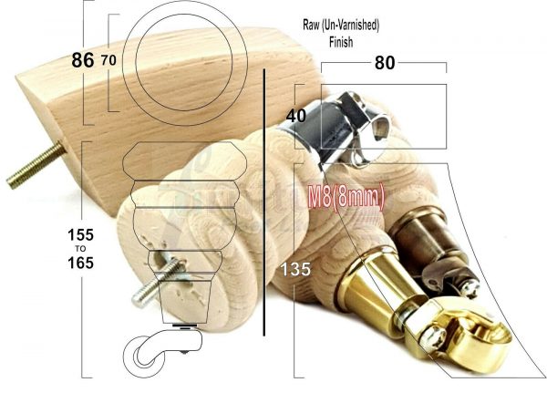 RAW WOODEN FURNITURE SETTEE LEGS M8 REPLACEMENT FEET 2 WITH CASTORS 165mm HIGH