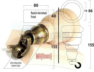 SOLID RAW WOOD BRASS CASTOR FURNITURE CHAIR LEGS M8(8mm) SOFA FEET 155mm HIGH