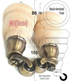 SOLID RAW WOOD BRASS CASTOR FURNITURE CHAIR LEGS M8(8mm) SOFA FEET 155mm HIGH