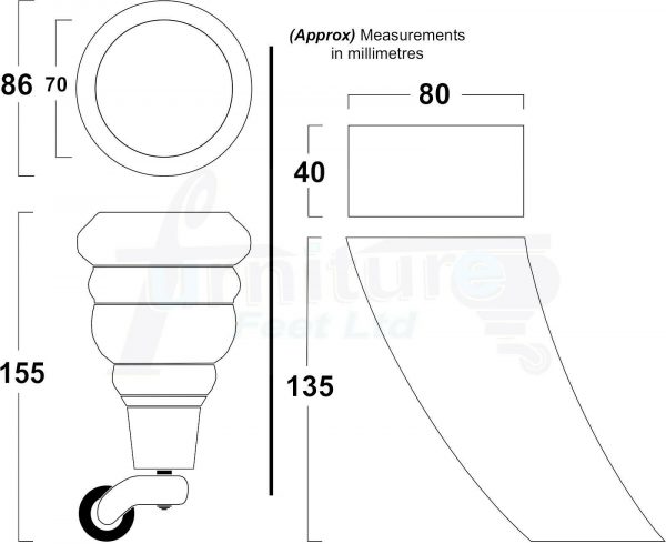 TURNED WOOD CASTOR LEGS 165mm High CHAIR REPLACEMENT SOFA FURNITURE FEET M8(8mm) - Image 2