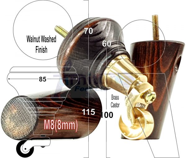 2x Wooden Castor Furniture Sofa Legs & 2x Angled Feet Chair Settee 125mm High M8 - Image 13