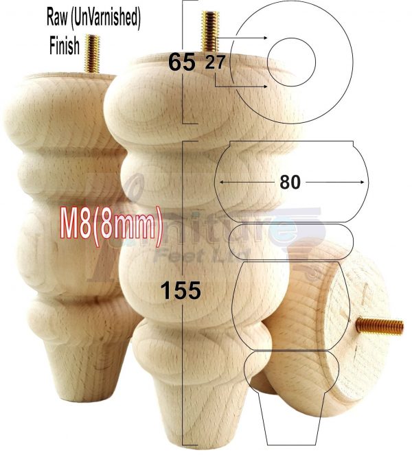 4 Replacement Turned Wooden Furniture Sofa Legs M8 Chair Settee Feet 155mm High - Image 23