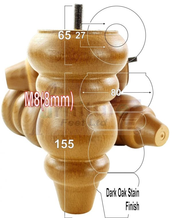 4 Replacement Turned Wooden Furniture Sofa Legs M8 Chair Settee Feet 155mm High - Image 21