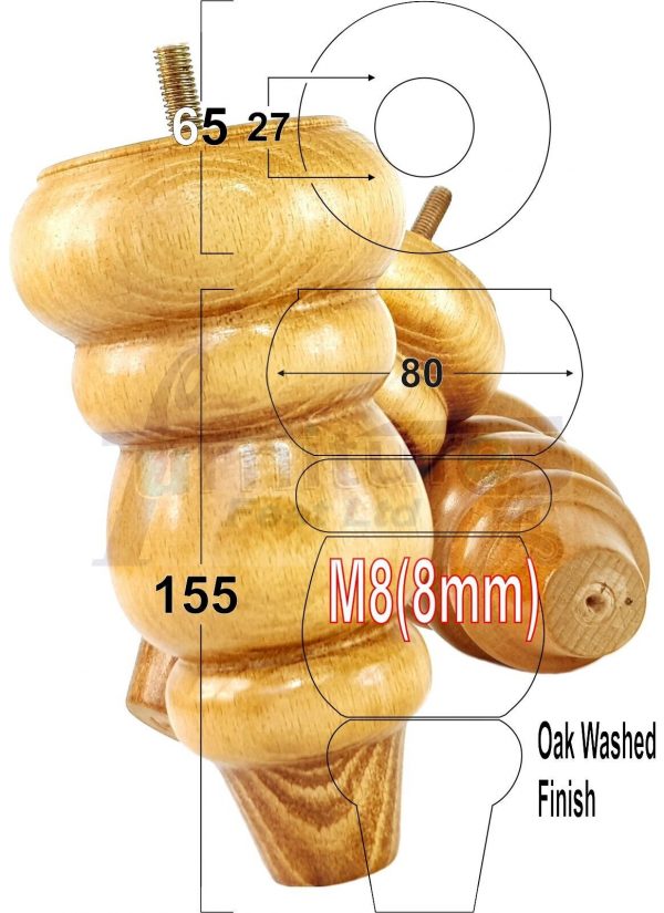4 Replacement Turned Wooden Furniture Sofa Legs M8 Chair Settee Feet 155mm High - Image 20