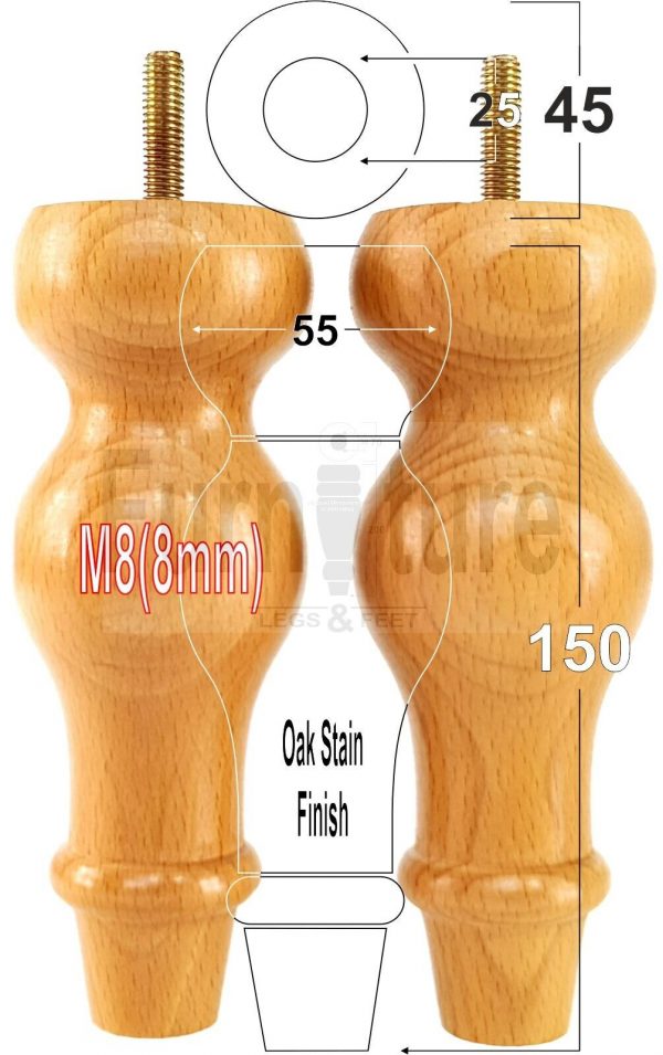 4 Replacement Turned Wood Furniture Sofa Leg M8 Chair Settee Bun Feet 150mm High - Image 37