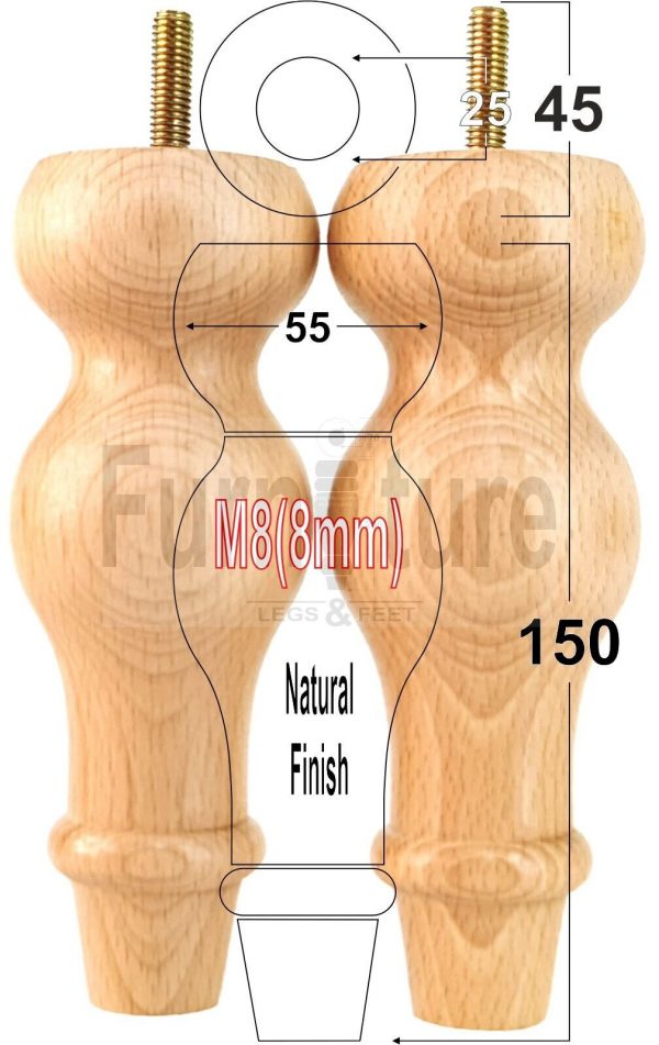 4 Replacement Turned Wood Furniture Sofa Leg M8 Chair Settee Bun Feet 150mm High - Image 24