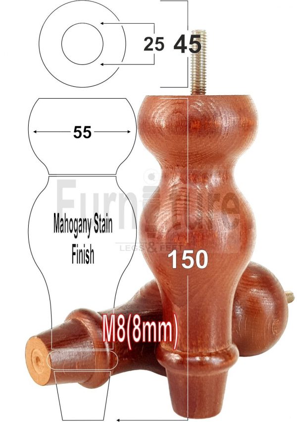 4 Replacement Turned Wood Furniture Sofa Leg M8 Chair Settee Bun Feet 150mm High - Image 35