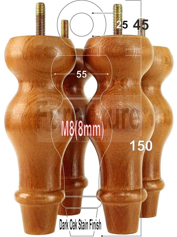 4 Replacement Turned Wood Furniture Sofa Leg M8 Chair Settee Bun Feet 150mm High - Image 27