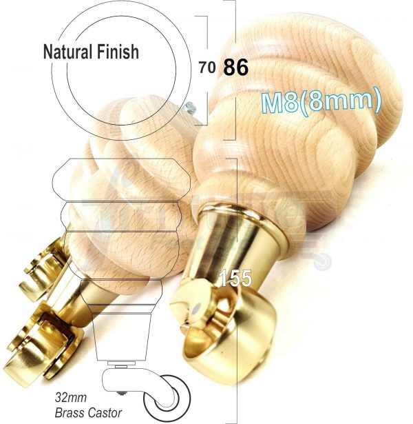 4 TURNED WOOD CASTOR LEGS 165mm High CHAIR REPLACEMENT FURNITURE FEET M8(8mm) - Image 9