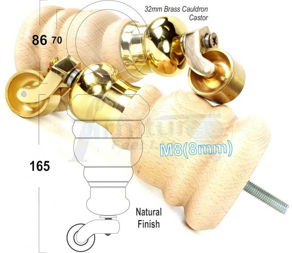 4 TURNED WOOD CASTOR LEGS 165mm High CHAIR REPLACEMENT FURNITURE FEET M8(8mm) - Image 13