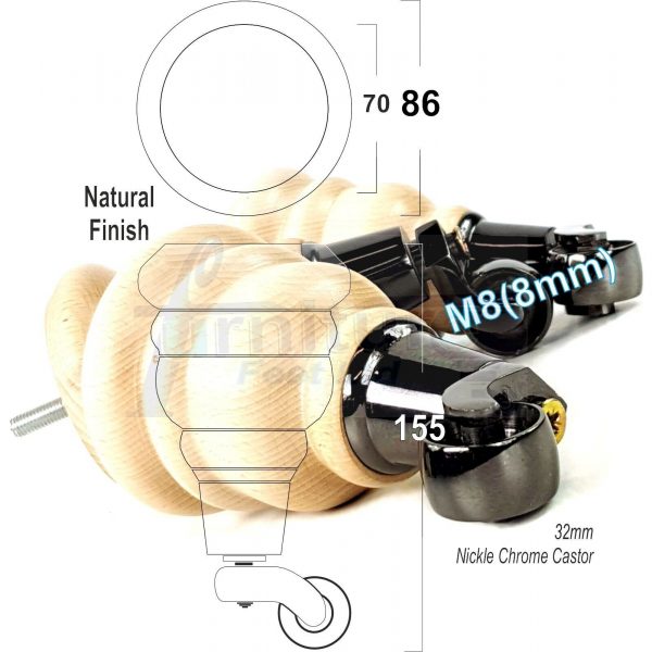 4 TURNED WOOD CASTOR LEGS 165mm High CHAIR REPLACEMENT FURNITURE FEET M8(8mm) - Image 12