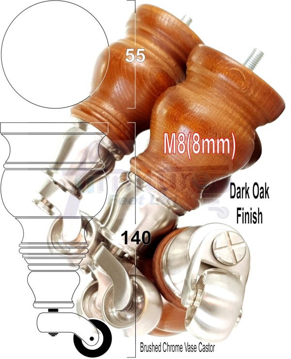 4 Turned Wood Castor Legs 150mm High Chair Beds Sofa Furniture Feet Dark Oak M8 - Image 23