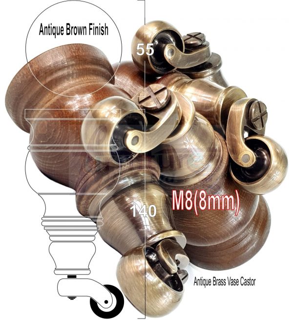 4 Turned Wood Castor Legs 150mm High Chair Furniture Feet Antique Brown M8(8mm) - Image 19