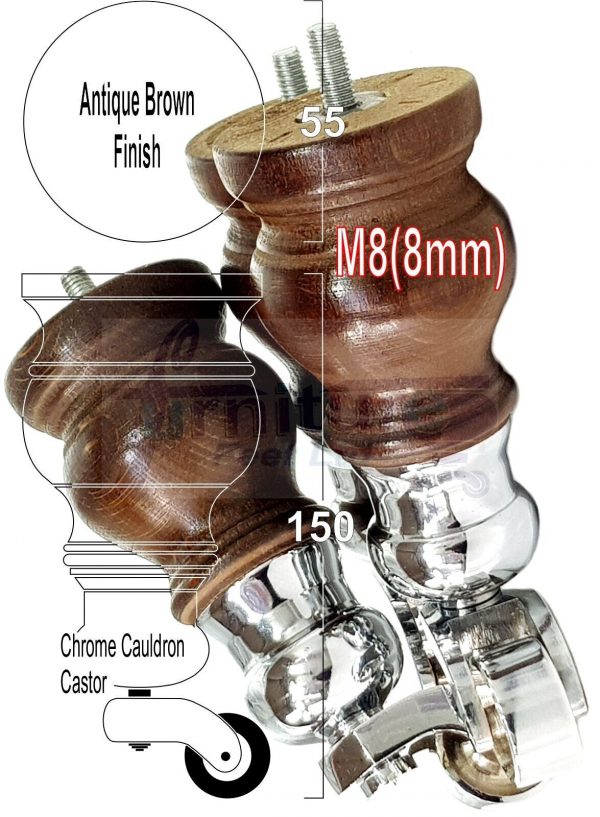 4 Turned Wood Castor Legs 150mm High Chair Furniture Feet Antique Brown M8(8mm) - Image 17