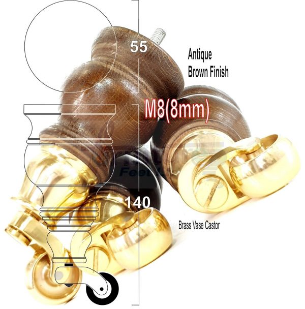4 Turned Wood Castor Legs 150mm High Chair Furniture Feet Antique Brown M8(8mm) - Image 21