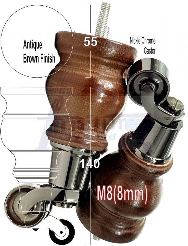 4 Turned Wood Castor Legs 150mm High Chair Furniture Feet Antique Brown M8(8mm) - Image 18