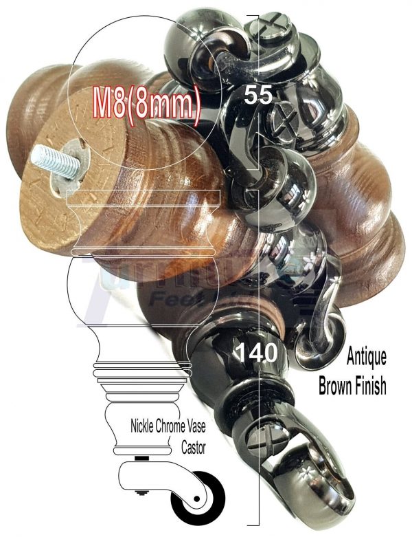 4 Turned Wood Castor Legs 150mm High Chair Furniture Feet Antique Brown M8(8mm) - Image 20