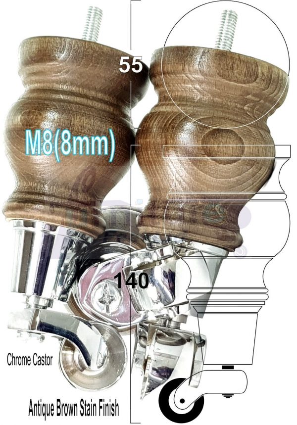 4 Turned Wood Castor Legs 150mm High Chair Furniture Feet Antique Brown Stain M8 - Image 14