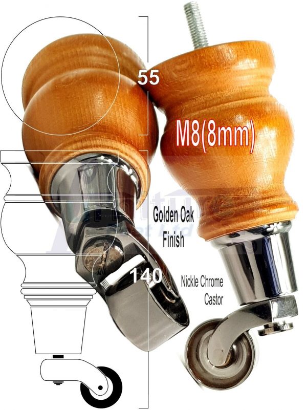 4 Turned Wood Castor Legs 150mm High Chair Furniture Feet Golden Oak M8(8mm) - Image 18