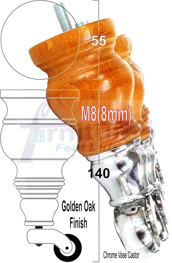4 Turned Wood Castor Legs 150mm High Chair Furniture Feet Golden Oak M8(8mm) - Image 22