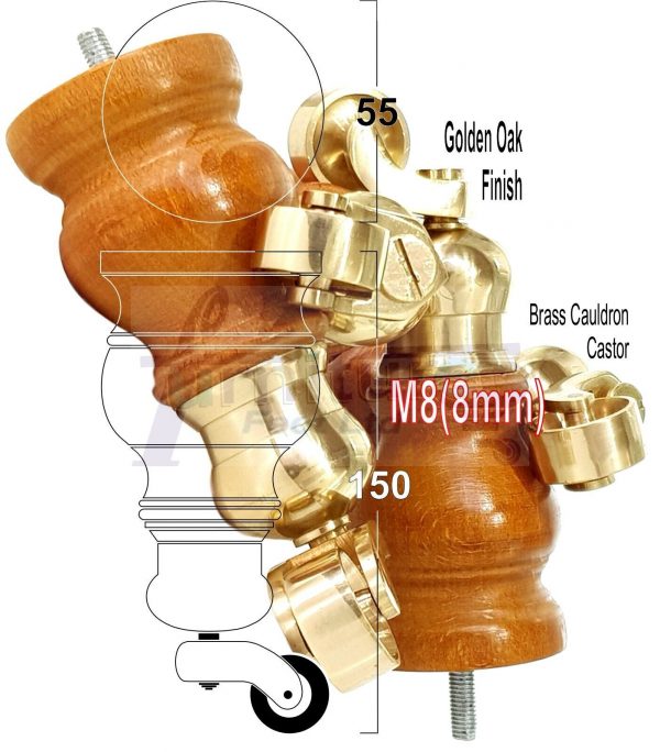 4 Turned Wood Castor Legs 150mm High Chair Furniture Feet Golden Oak M8(8mm) - Image 16