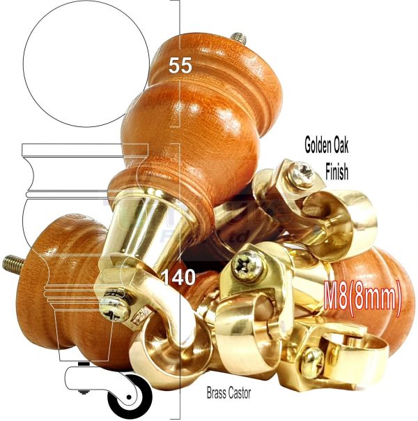 4 Turned Wood Castor Legs 150mm High Chair Furniture Feet Golden Oak M8(8mm) - Image 13