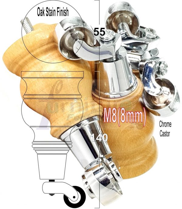 4 Turned Wood Castor Legs 150mm High Chair Sofa Furniture Feet Oak Stain M8 - Image 14