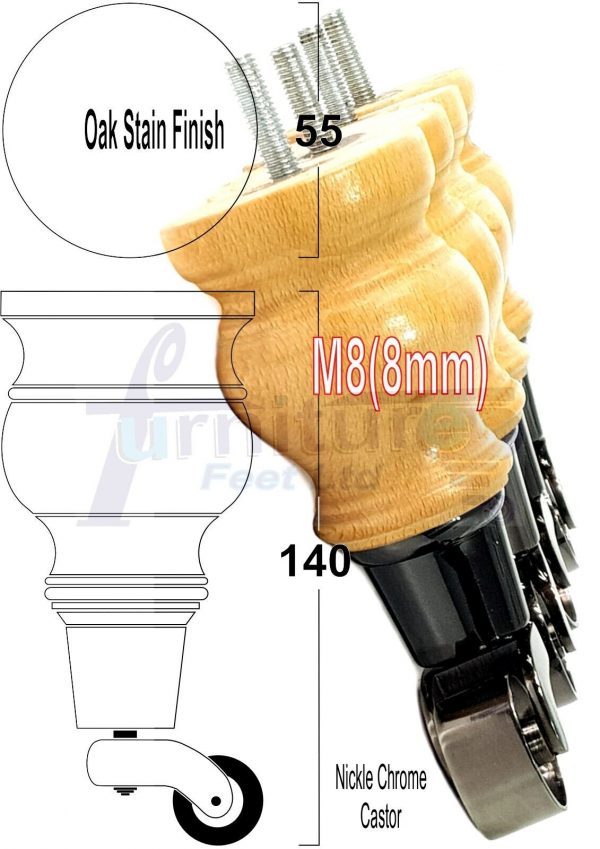 4 Turned Wood Castor Legs 150mm High Chair Sofa Furniture Feet Oak Stain M8 - Image 18