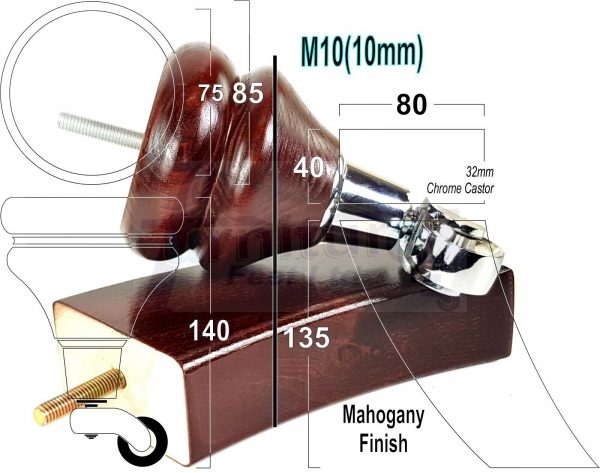 4 WOODEN FURNITURE LEGS M10 REPLACEMENT FEET 2 WITH CASTORS 140mm HIGH MAHOGANY - Image 5