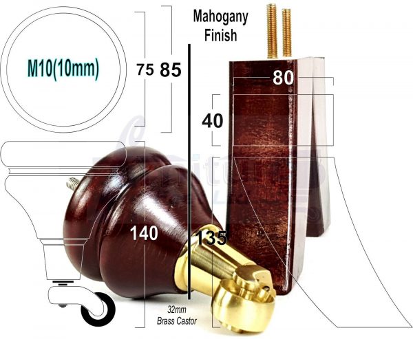 4 WOODEN FURNITURE LEGS M10 REPLACEMENT FEET 2 WITH CASTORS 140mm HIGH MAHOGANY - Image 4