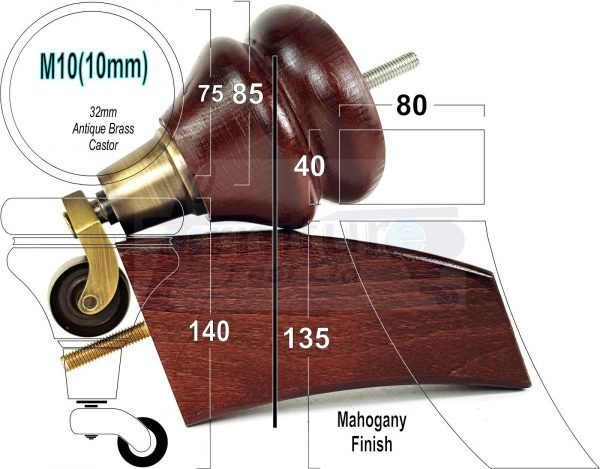 4 WOODEN FURNITURE LEGS M10 REPLACEMENT FEET 2 WITH CASTORS 140mm HIGH MAHOGANY - Image 6