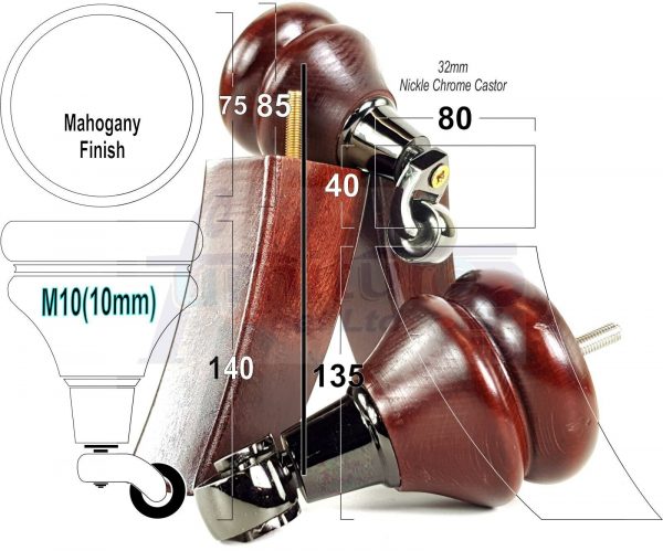 4 WOODEN FURNITURE LEGS M10 REPLACEMENT FEET 2 WITH CASTORS 140mm HIGH MAHOGANY - Image 7