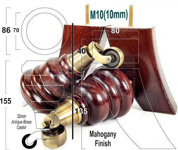 4 WOODEN FURNITURE LEGS M10 REPLACEMENT FEET 2 WITH CASTORS 155mm HIGH MAHOGANY - Image 15