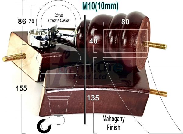 4 WOODEN FURNITURE LEGS M10 REPLACEMENT FEET 2 WITH CASTORS 155mm HIGH MAHOGANY - Image 14