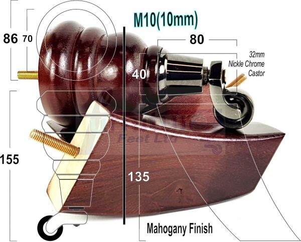 4 WOODEN FURNITURE LEGS M10 REPLACEMENT FEET 2 WITH CASTORS 155mm HIGH MAHOGANY - Image 16