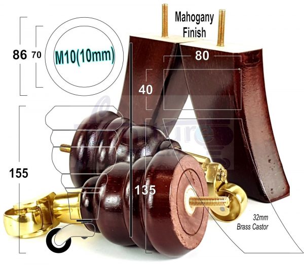 4 WOODEN FURNITURE LEGS M10 REPLACEMENT FEET 2 WITH CASTORS 155mm HIGH MAHOGANY - Image 13